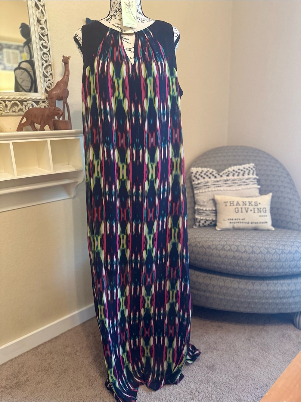 London Times Sleeveless Maxi with Multicolor Ikat Pattern
